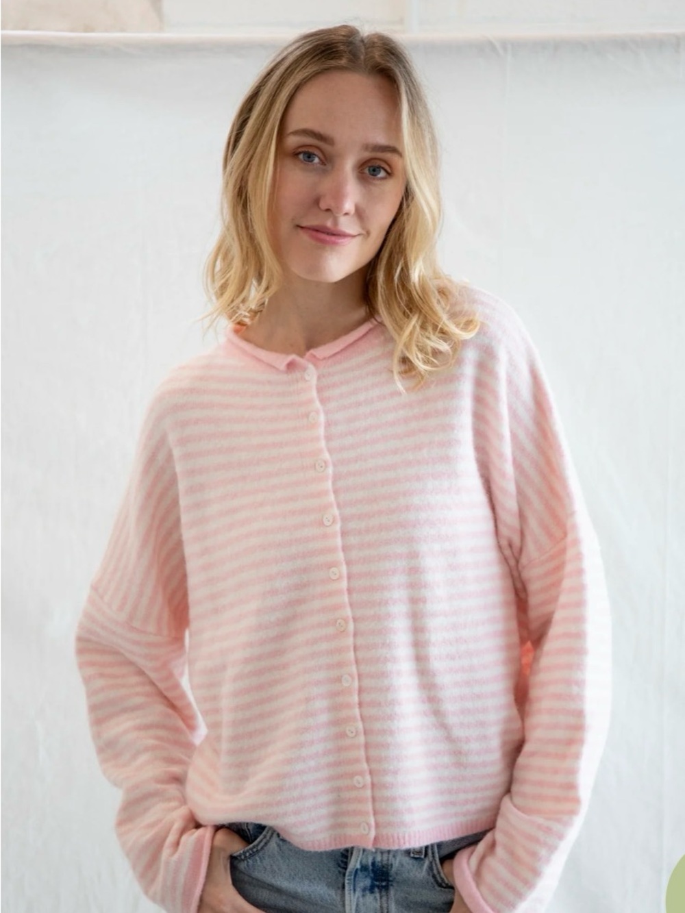 Soft Pink Striped Button-Front Cardigan Sweater
